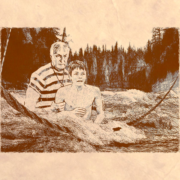 Йока перед водопадом. Профессор в полосатом купальнике.